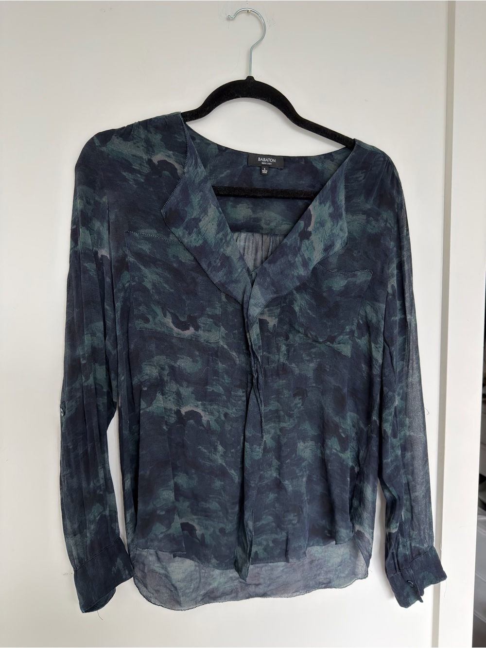 Babaton 100% silk Sheer Tie-Neck Blouse in Blue-Green Camouflage Print